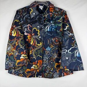 CHICO'S Jacket Size 2 Large Blue Floral Paisley Dot Print Cotton Blend Lined Art
